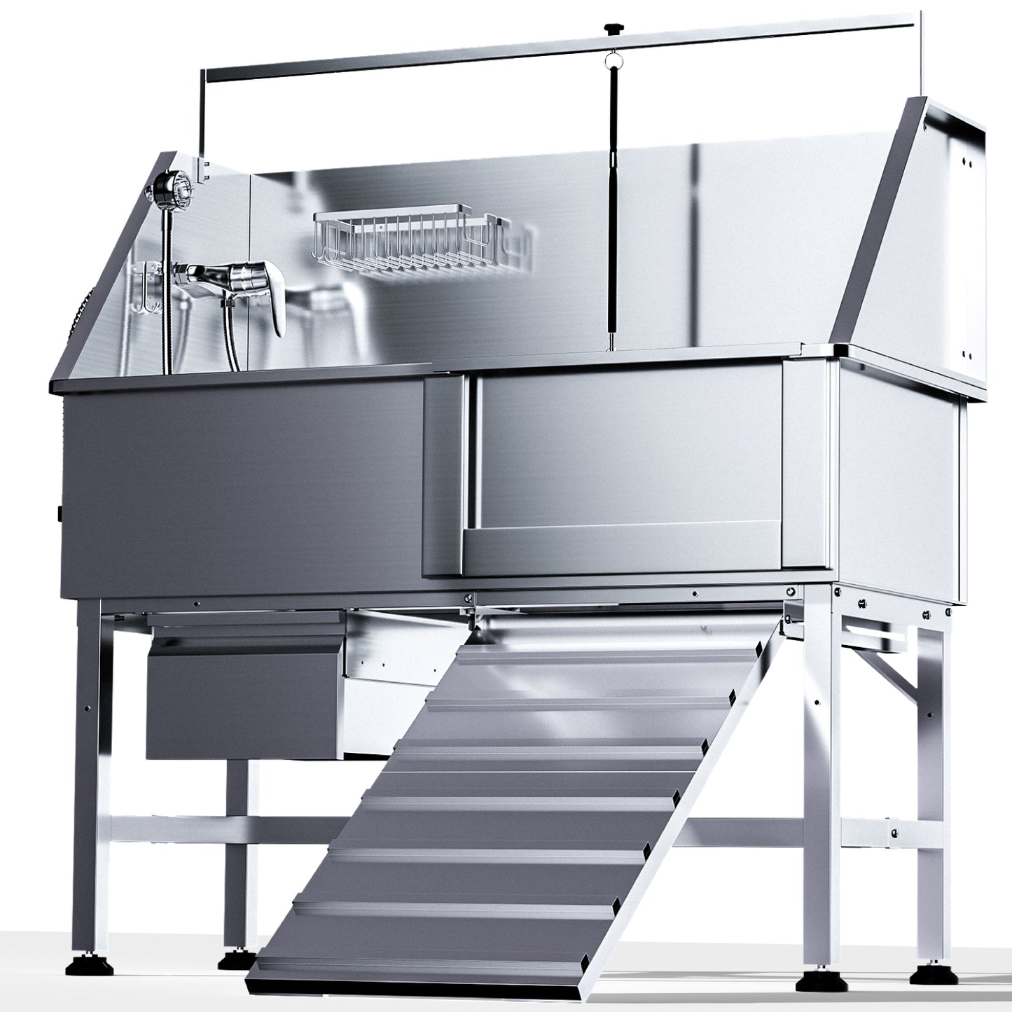 RUDCXDY 46" Dog Washing Station for Home,Stainless Steel Professional Dog Bathing Station Height Adjustable D og Grooming Tub Ramp, Drawer, Floor Grate & Fauct (R Ramp)