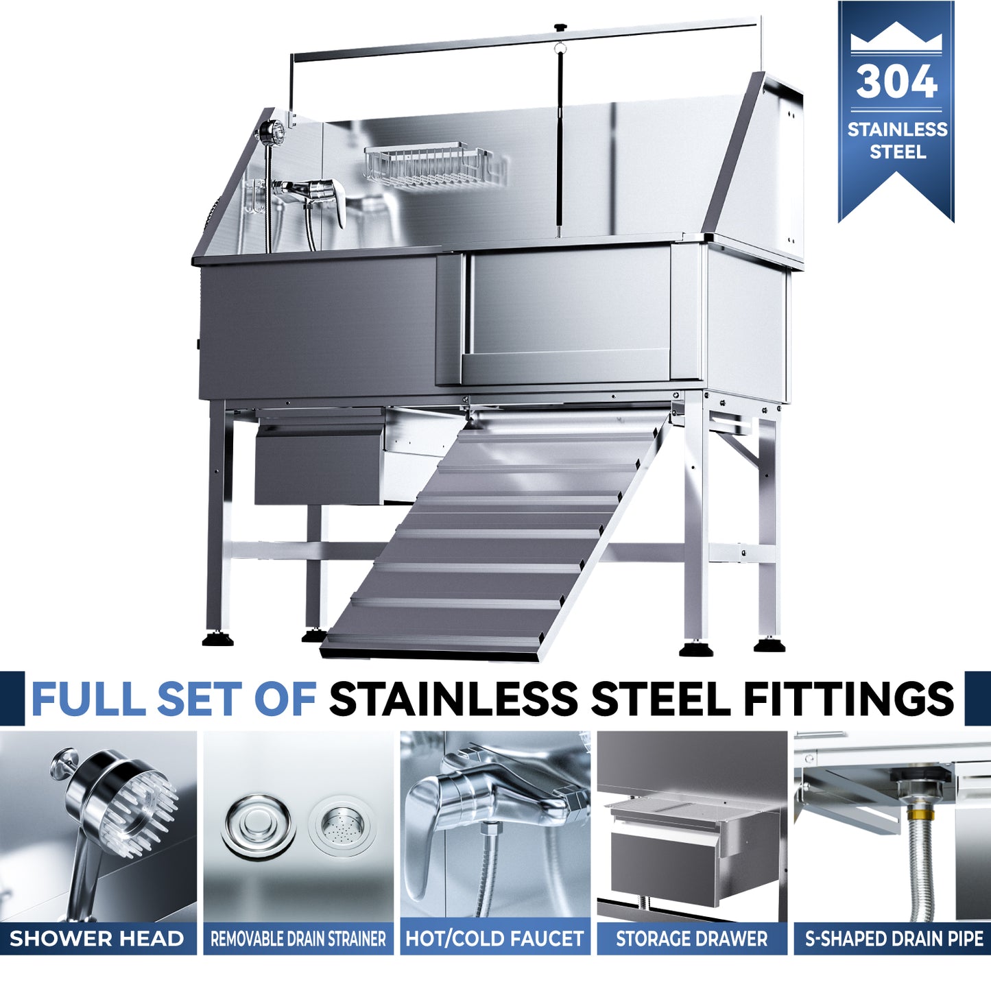 RUDCXDY 46" Dog Washing Station for Home,Stainless Steel Professional Dog Bathing Station Height Adjustable D og Grooming Tub Ramp, Drawer, Floor Grate & Fauct (R Ramp)