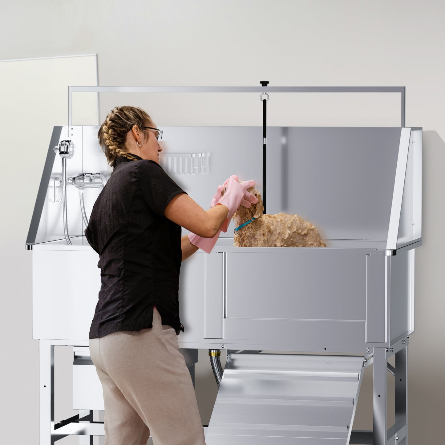 RUDCXDY 46" Dog Washing Station for Home,Stainless Steel Professional Dog Bathing Station Height Adjustable D og Grooming Tub Ramp, Drawer, Floor Grate & Fauct (R Ramp)