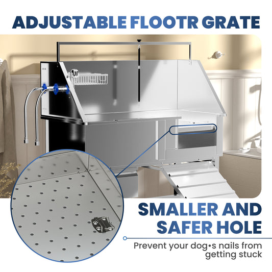 RUDCXDY 46" Dog Washing Station for Home,Stainless Steel Professional Dog Bathing Station Height Adjustable D og Grooming Tub Ramp, Drawer, Floor Grate & Fauct (R Ramp)