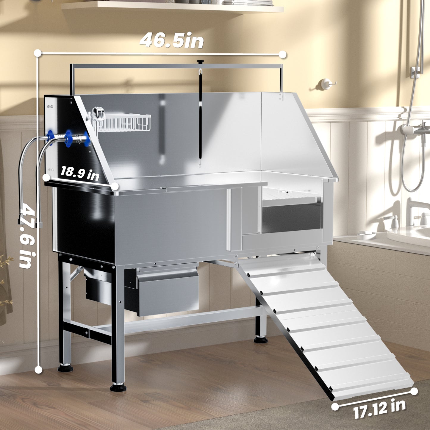 RUDCXDY 46" Dog Washing Station for Home,Stainless Steel Professional Dog Bathing Station Height Adjustable D og Grooming Tub Ramp, Drawer, Floor Grate & Fauct (R Ramp)
