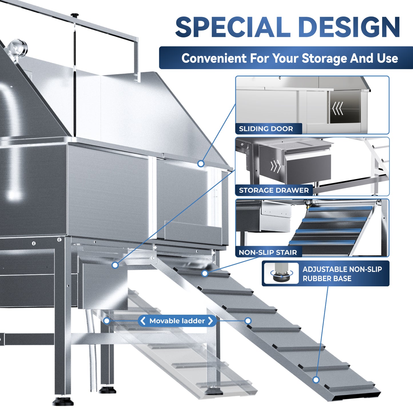 RUDCXDY 46" Dog Washing Station for Home,Stainless Steel Professional Dog Bathing Station Height Adjustable D og Grooming Tub Ramp, Drawer, Floor Grate & Fauct (R Ramp)