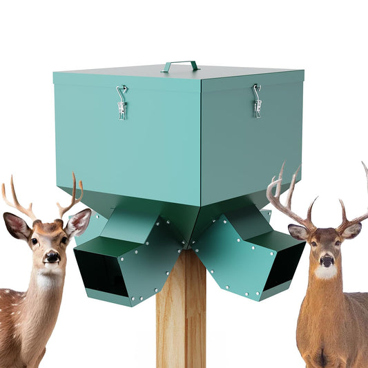 Gravity Feeder, 150lb Large Capacity Gravity-Fed Deer Feeder, Game Hunting Feeder, Deer and Wildlife Feeder, Protein 4 Feed Head, Green