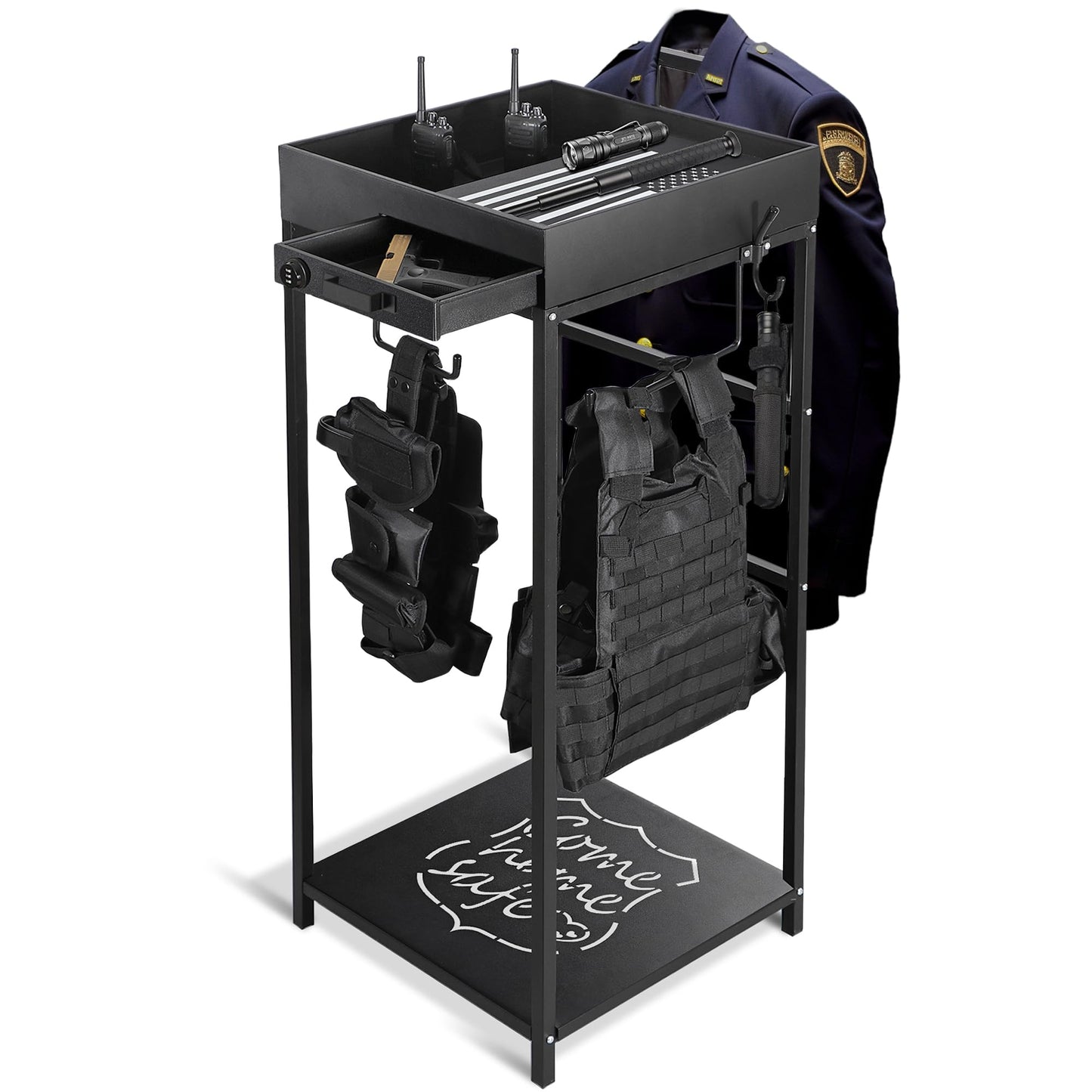 Police Gear Stand, Police Hanger, Tactical Duty Gear Rack with 3 Hooks, Combination Lock, Free-Standing All Iron Frame Police Gift Decor with Flag, Black, Come Home Safe