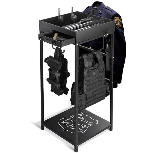 Police Gear Stand, Police Hanger, Tactical Duty Gear Rack with 3 Hooks, Combination Lock, Free-Standing All Iron Frame Police Gift Decor with Flag, Black, Come Home Safe