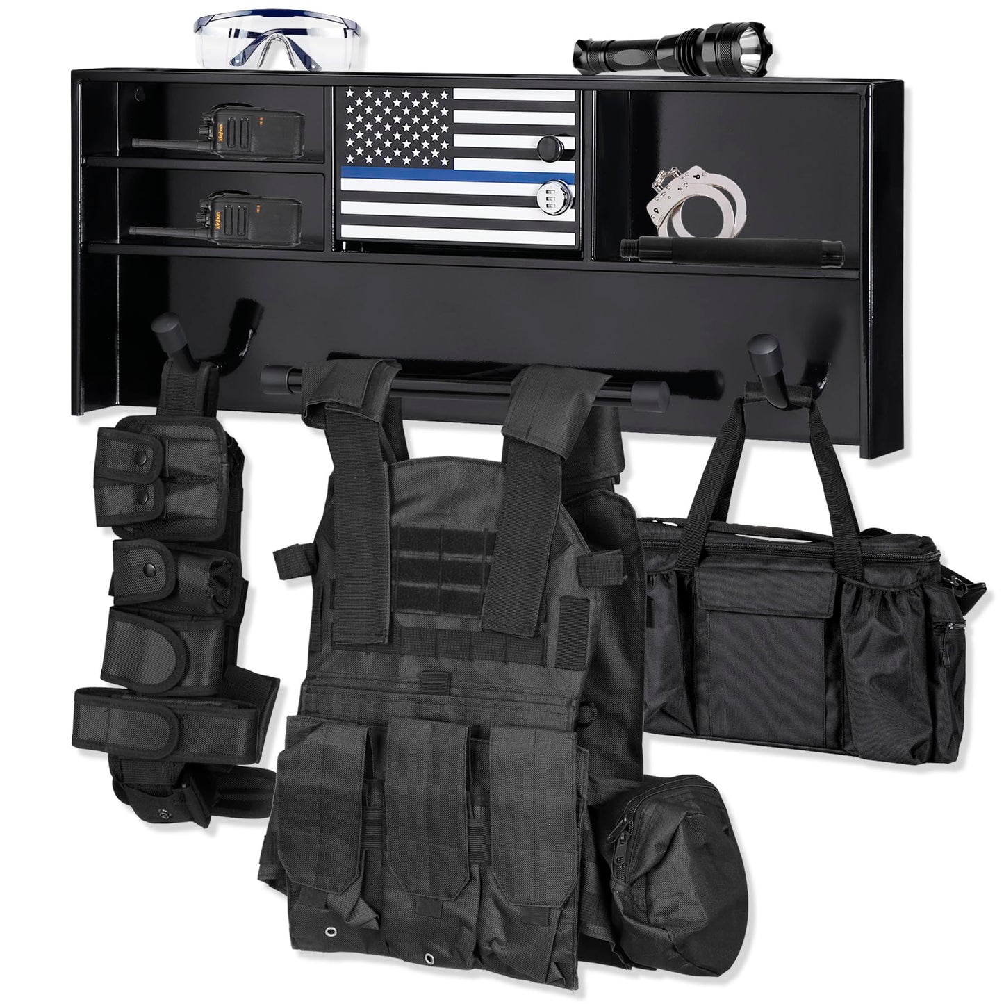 Police Gear Stand, Police Hanger, Tactical Duty Gear Rack with 3 Hooks, Combination Lock, Free-Standing All Iron Frame Police Gift Decor with Flag, Black, Come Home Safe
