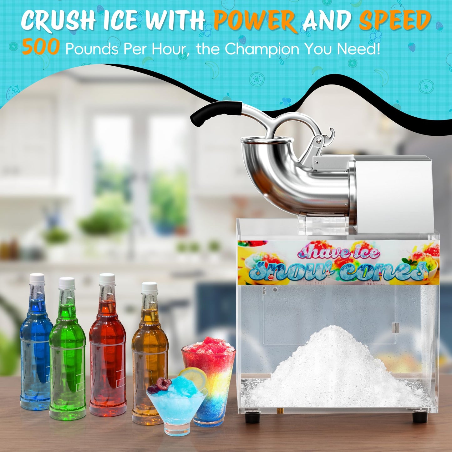 RUDCXDY 48L Snow Cone Machine, 500LB/H Commercial Shaved Ice Machine for Snow Cones, 300W Electric Fluffy Snow Cone Maker for Party, Suitable for Party Activities, Family Gatherings, Sale