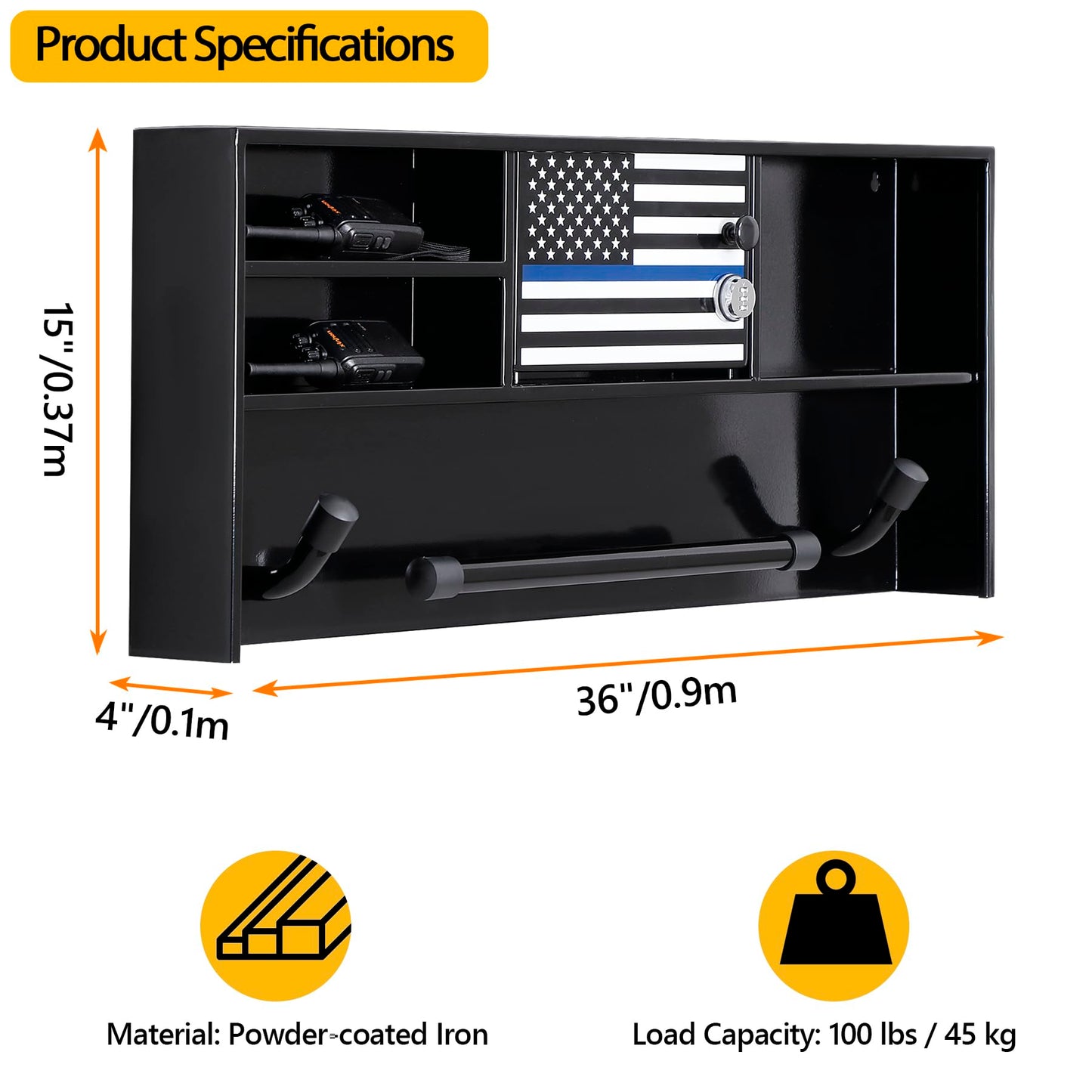 Police Gear Stand, Police Hanger, Tactical Duty Gear Rack with 3 Hooks, Combination Lock, Free-Standing All Iron Frame Police Gift Decor with Flag, Black, Come Home Safe