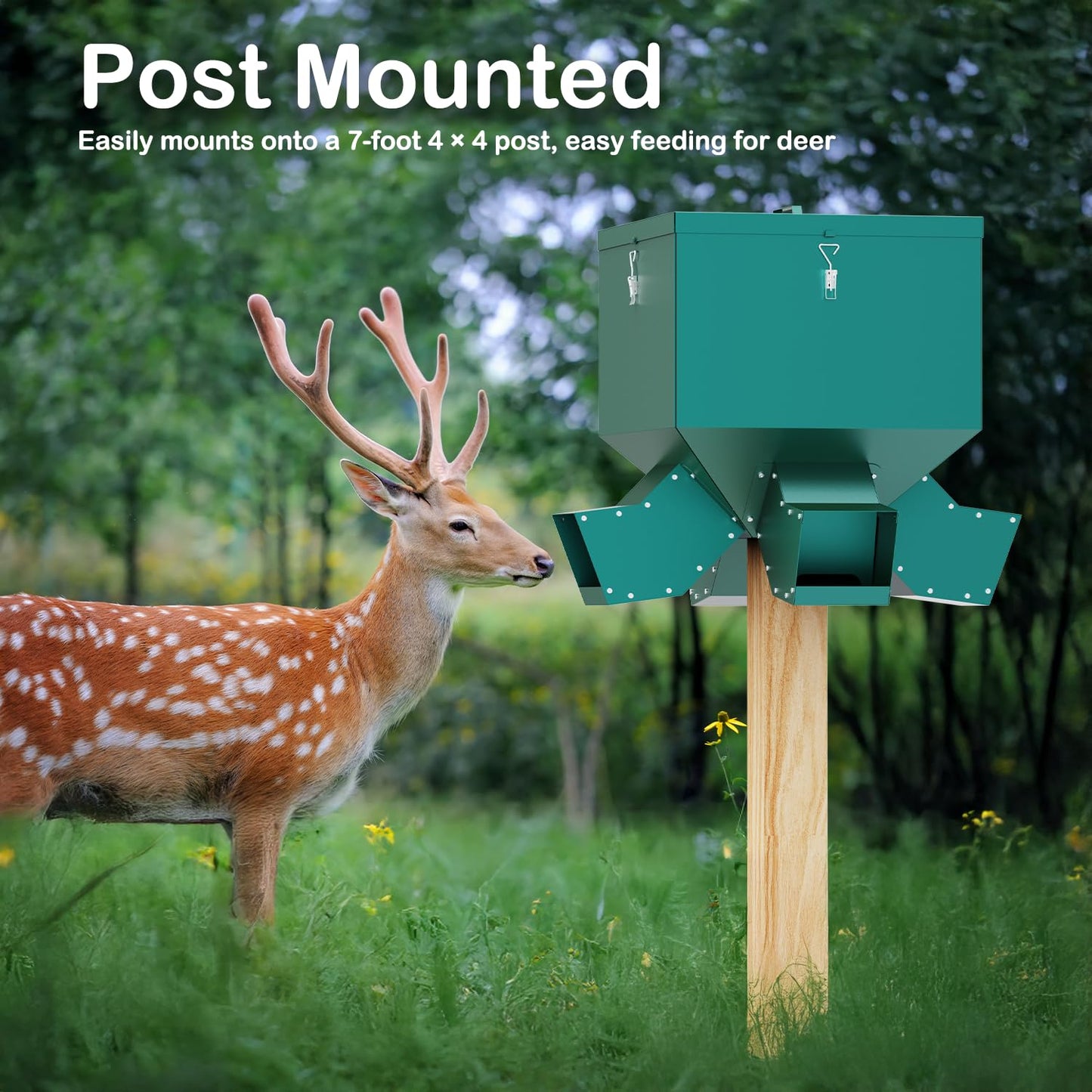 Gravity Feeder, 150lb Large Capacity Gravity-Fed Deer Feeder, Game Hunting Feeder, Deer and Wildlife Feeder, Protein 4 Feed Head, Green
