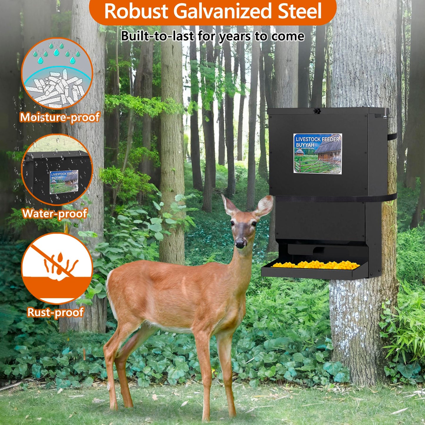 50lbs Deer Feeder, Heavy Duty Metal Tree Protein Feeder, Weatherproof Gravity Feeder Automatic Dispenser Feeds Protein & Corn for Deers and Wildlife