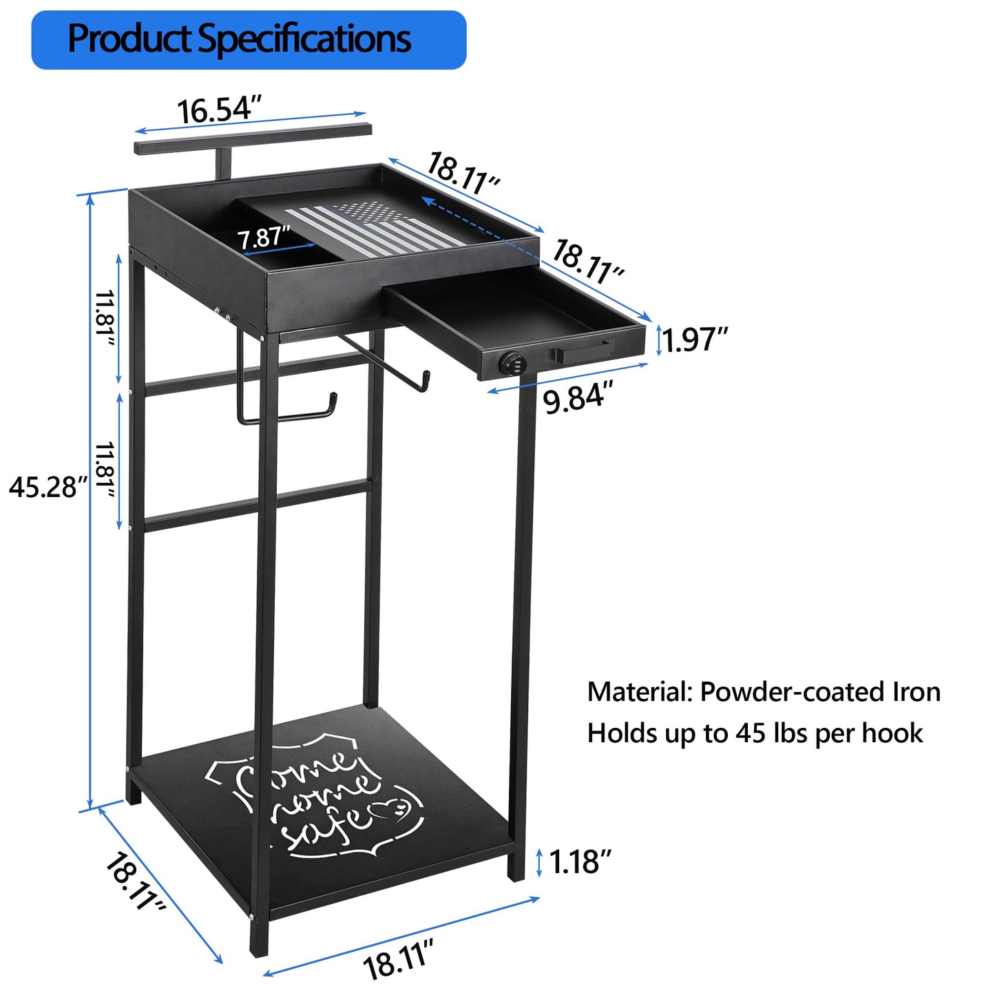 Police Gear Stand, Police Hanger, Tactical Duty Gear Rack with 3 Hooks, Combination Lock, Free-Standing All Iron Frame Police Gift Decor with Flag, Black, Come Home Safe