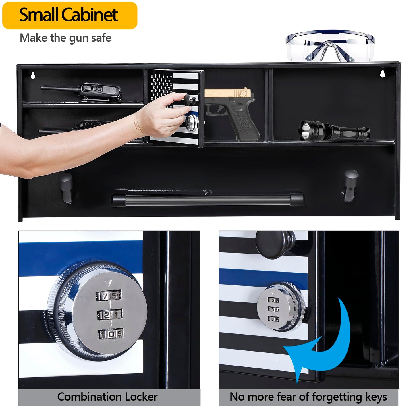 Police Gear Stand, Police Hanger, Tactical Duty Gear Rack with 3 Hooks, Combination Lock, Free-Standing All Iron Frame Police Gift Decor with Flag, Black, Come Home Safe