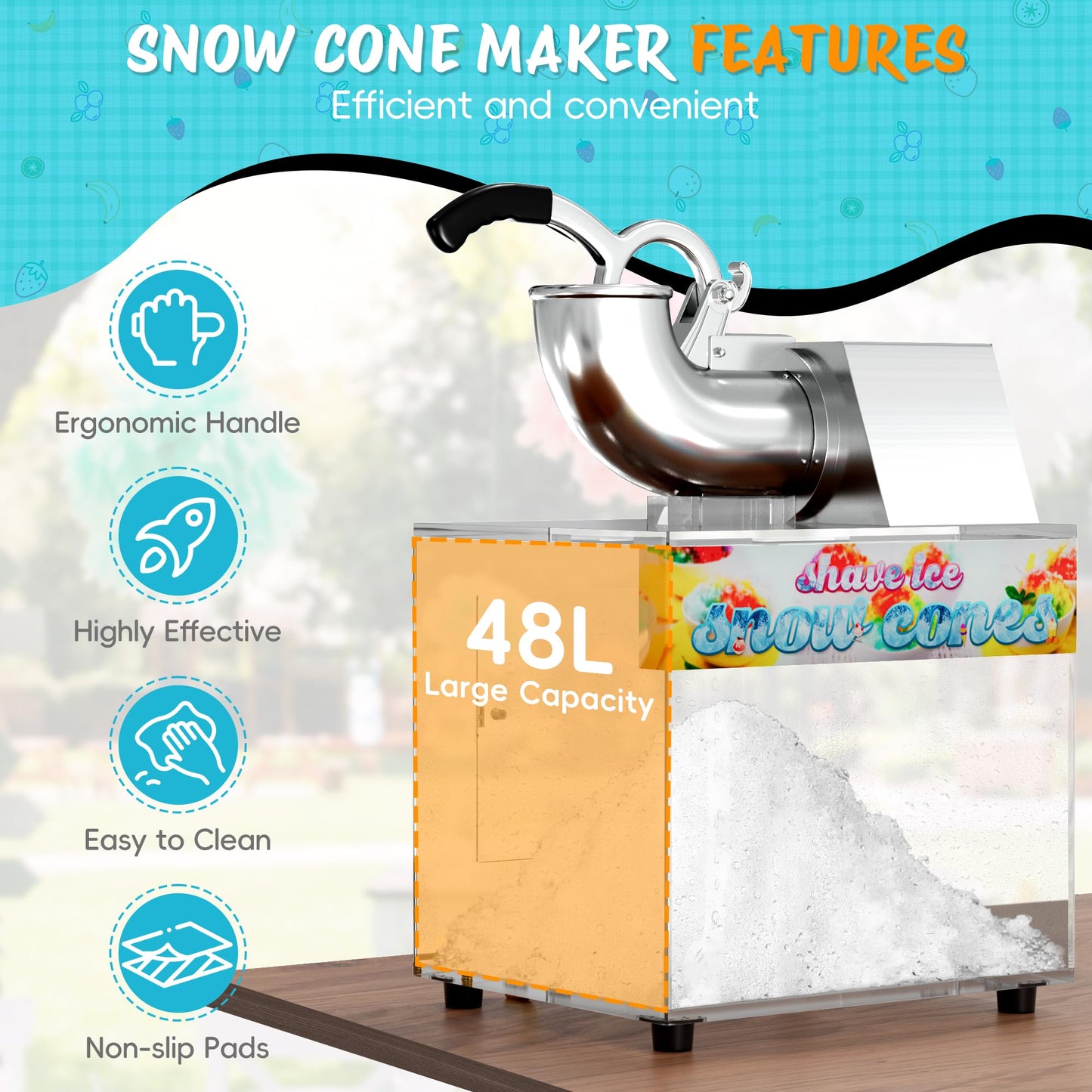 RUDCXDY 48L Snow Cone Machine, 500LB/H Commercial Shaved Ice Machine for Snow Cones, 300W Electric Fluffy Snow Cone Maker for Party, Suitable for Party Activities, Family Gatherings, Sale