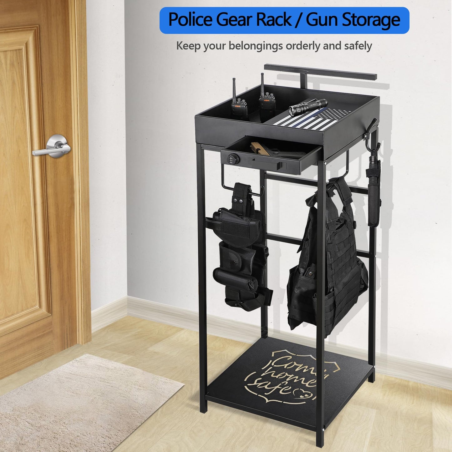 Police Gear Stand, Police Hanger, Tactical Duty Gear Rack with 3 Hooks, Combination Lock, Free-Standing All Iron Frame Police Gift Decor with Flag, Black, Come Home Safe