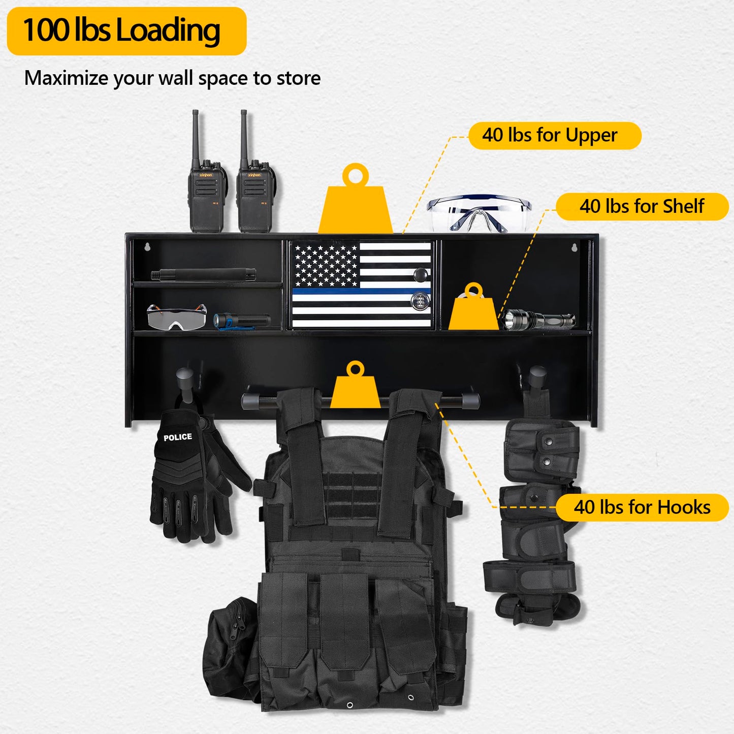 Police Gear Stand, Police Hanger, Tactical Duty Gear Rack with 3 Hooks, Combination Lock, Free-Standing All Iron Frame Police Gift Decor with Flag, Black, Come Home Safe