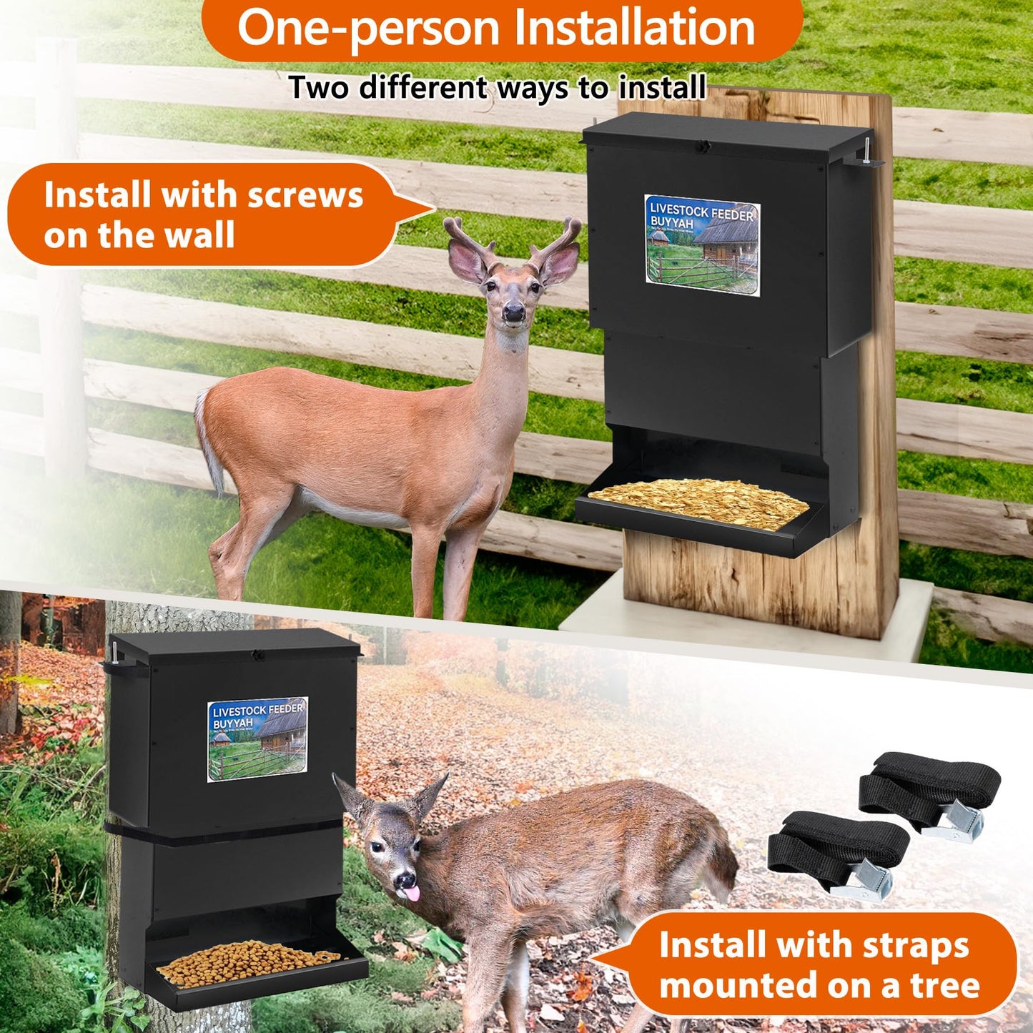 50lbs Deer Feeder, Heavy Duty Metal Tree Protein Feeder, Weatherproof Gravity Feeder Automatic Dispenser Feeds Protein & Corn for Deers and Wildlife