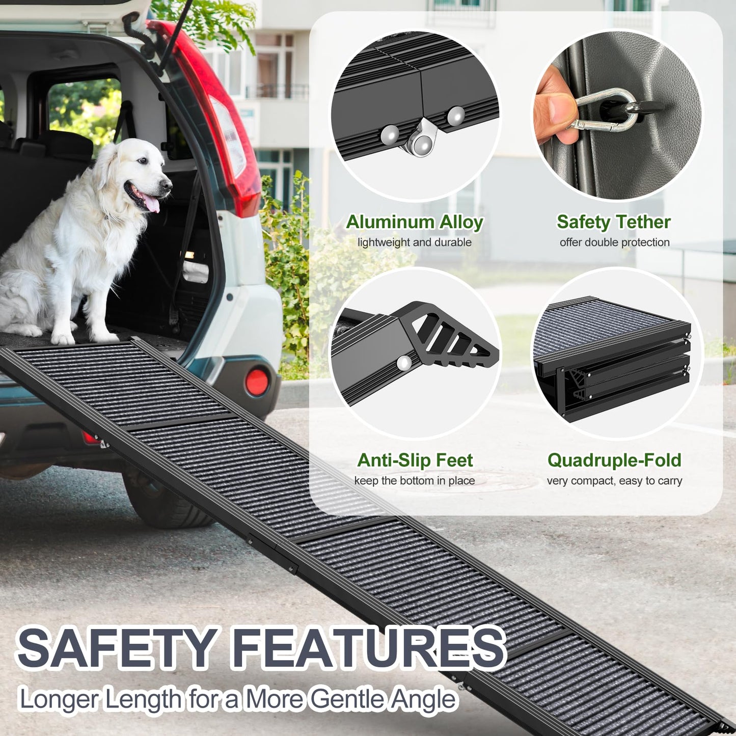 Dog Ramp for Car, 63" Long & 17" Wide Folding Portable Pet Stair Ramp with Non-Slip Rug Surface, Extra Wide Dog Steps for Medium & Large Dogs Up to 250LBS Enter a Car, SUV & Truck