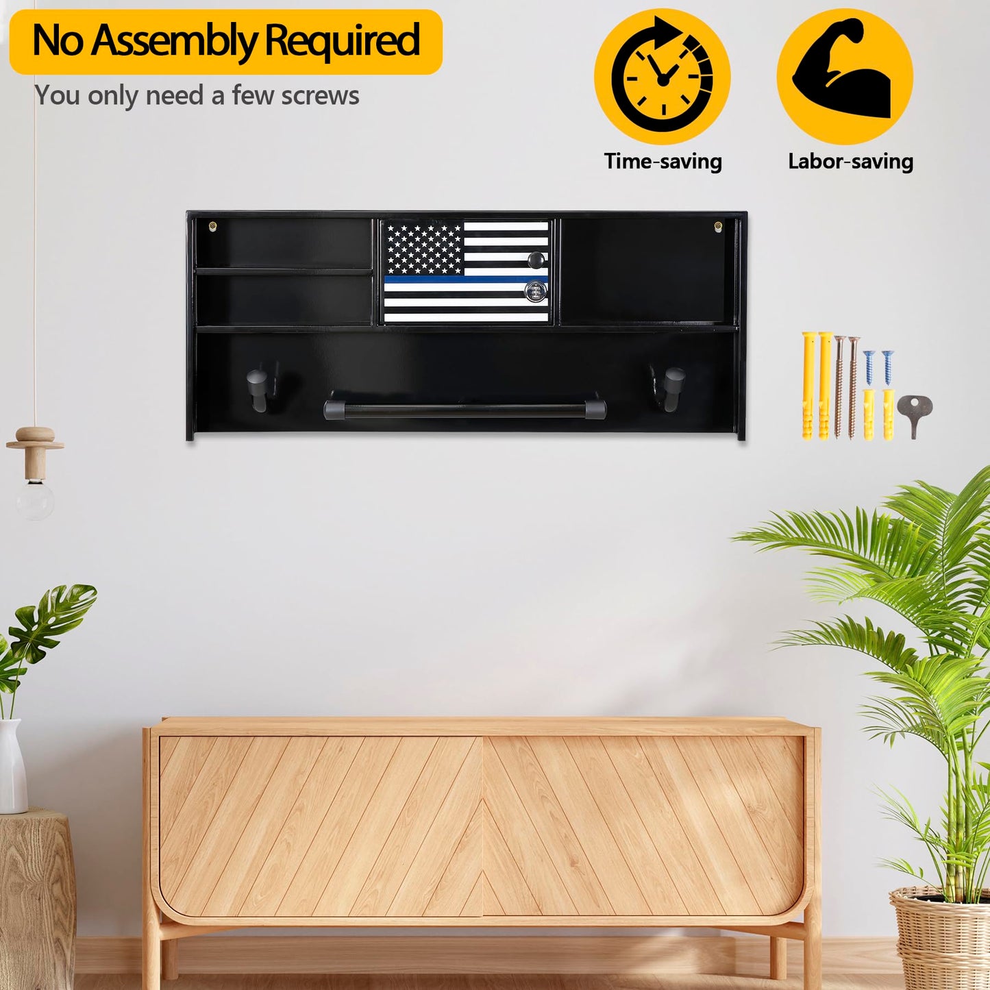 Police Gear Stand, Police Hanger, Tactical Duty Gear Rack with 3 Hooks, Combination Lock, Free-Standing All Iron Frame Police Gift Decor with Flag, Black, Come Home Safe