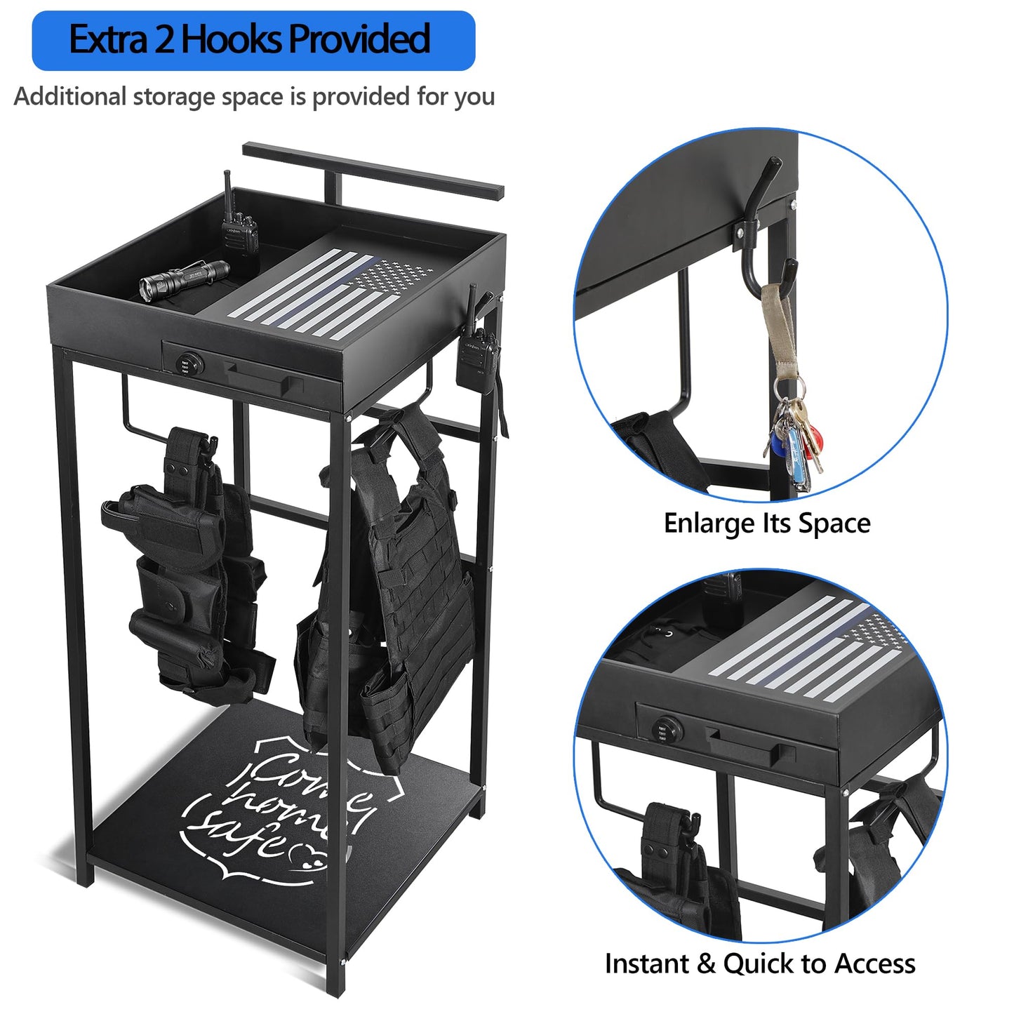 Police Gear Stand, Police Hanger, Tactical Duty Gear Rack with 3 Hooks, Combination Lock, Free-Standing All Iron Frame Police Gift Decor with Flag, Black, Come Home Safe