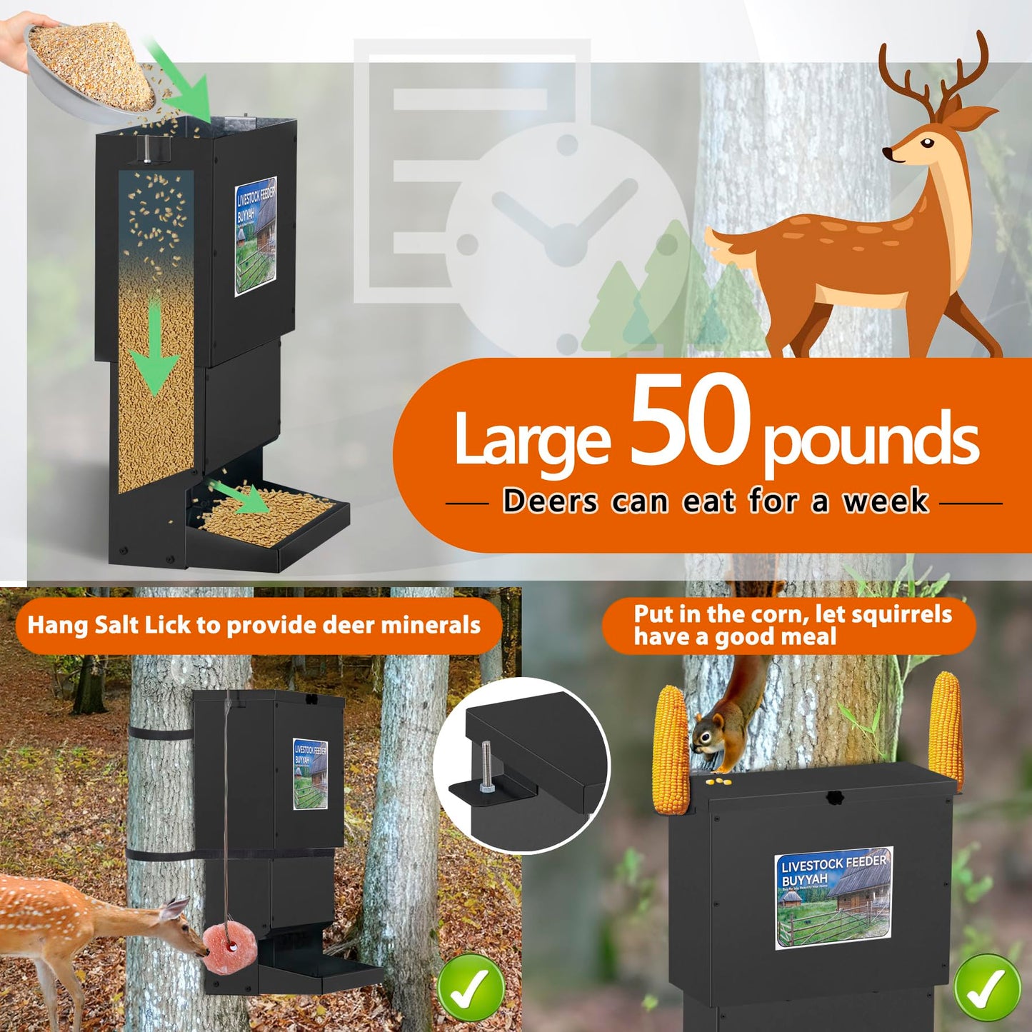 50lbs Deer Feeder, Heavy Duty Metal Tree Protein Feeder, Weatherproof Gravity Feeder Automatic Dispenser Feeds Protein & Corn for Deers and Wildlife
