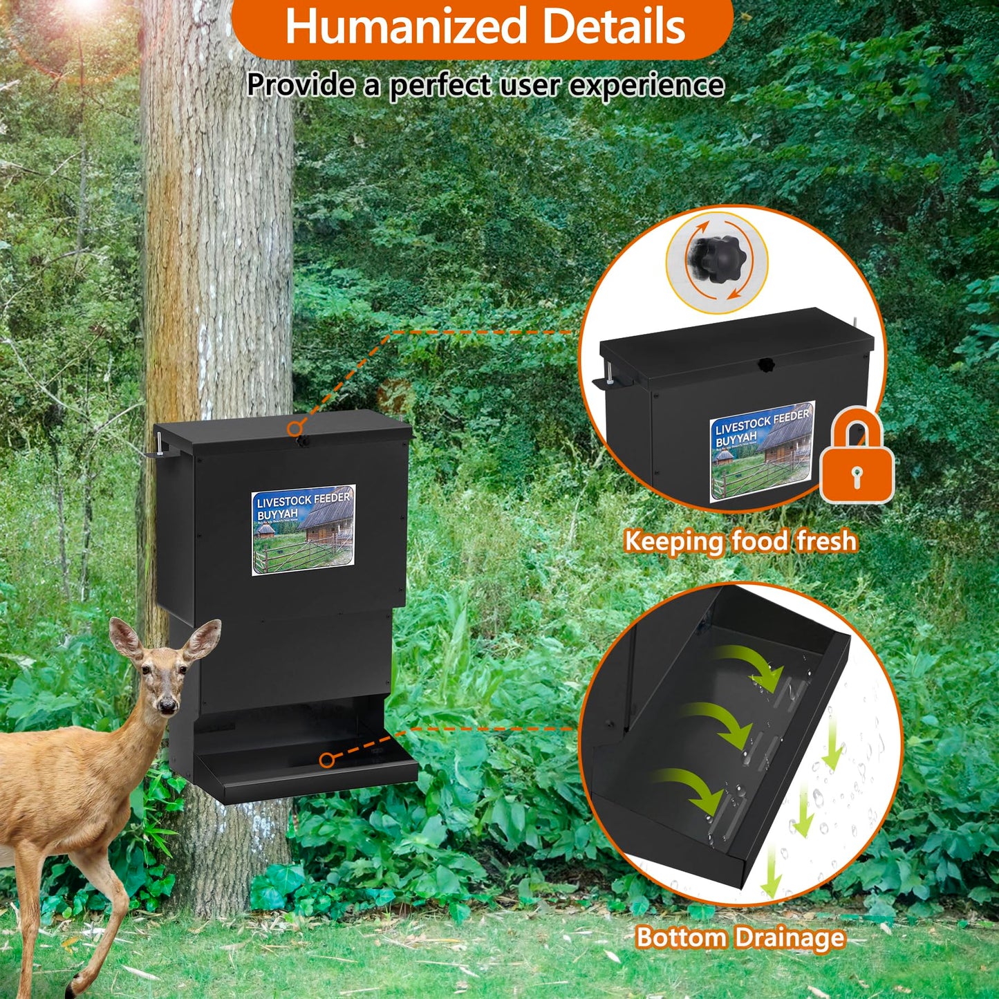 50lbs Deer Feeder, Heavy Duty Metal Tree Protein Feeder, Weatherproof Gravity Feeder Automatic Dispenser Feeds Protein & Corn for Deers and Wildlife