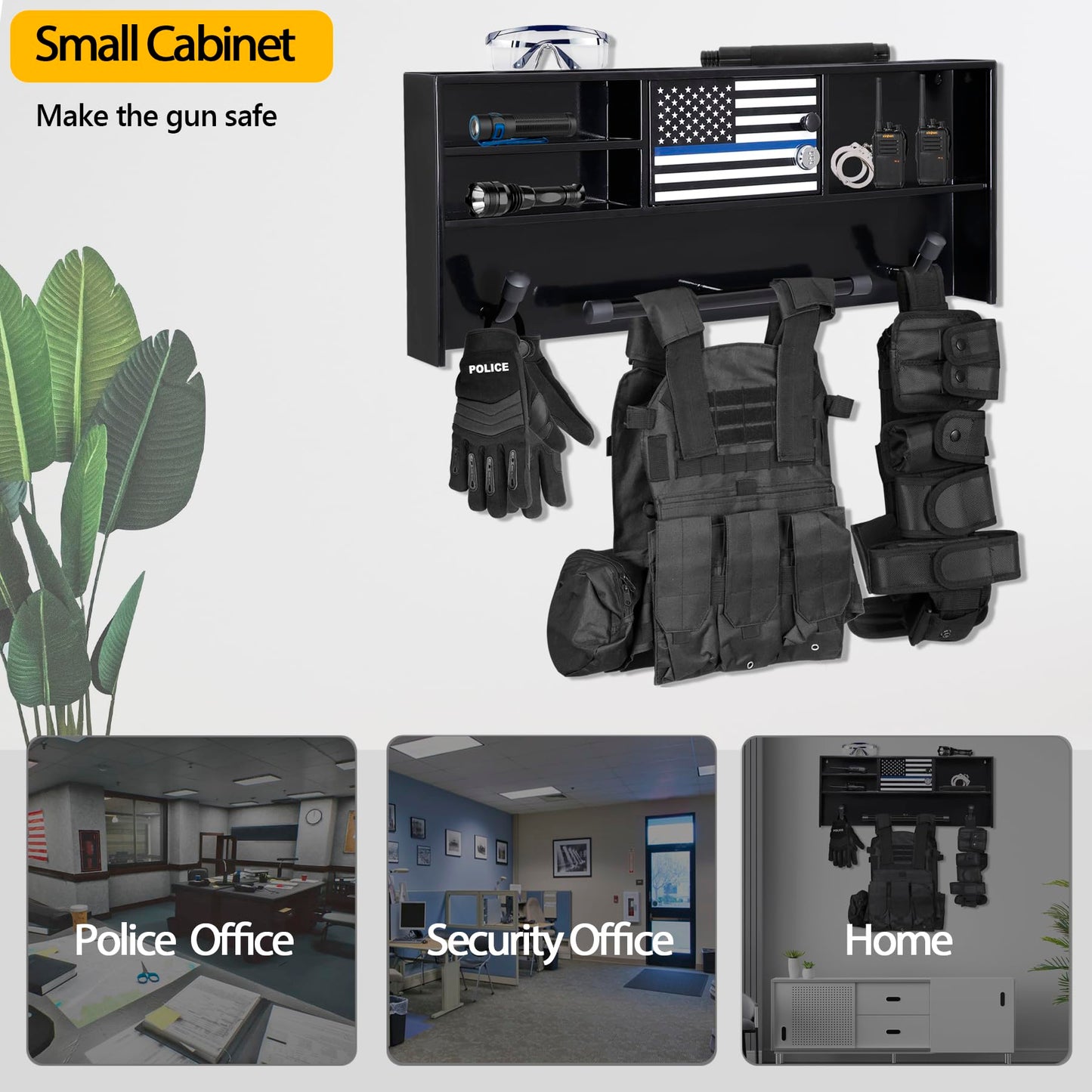 Police Gear Stand, Police Hanger, Tactical Duty Gear Rack with 3 Hooks, Combination Lock, Free-Standing All Iron Frame Police Gift Decor with Flag, Black, Come Home Safe