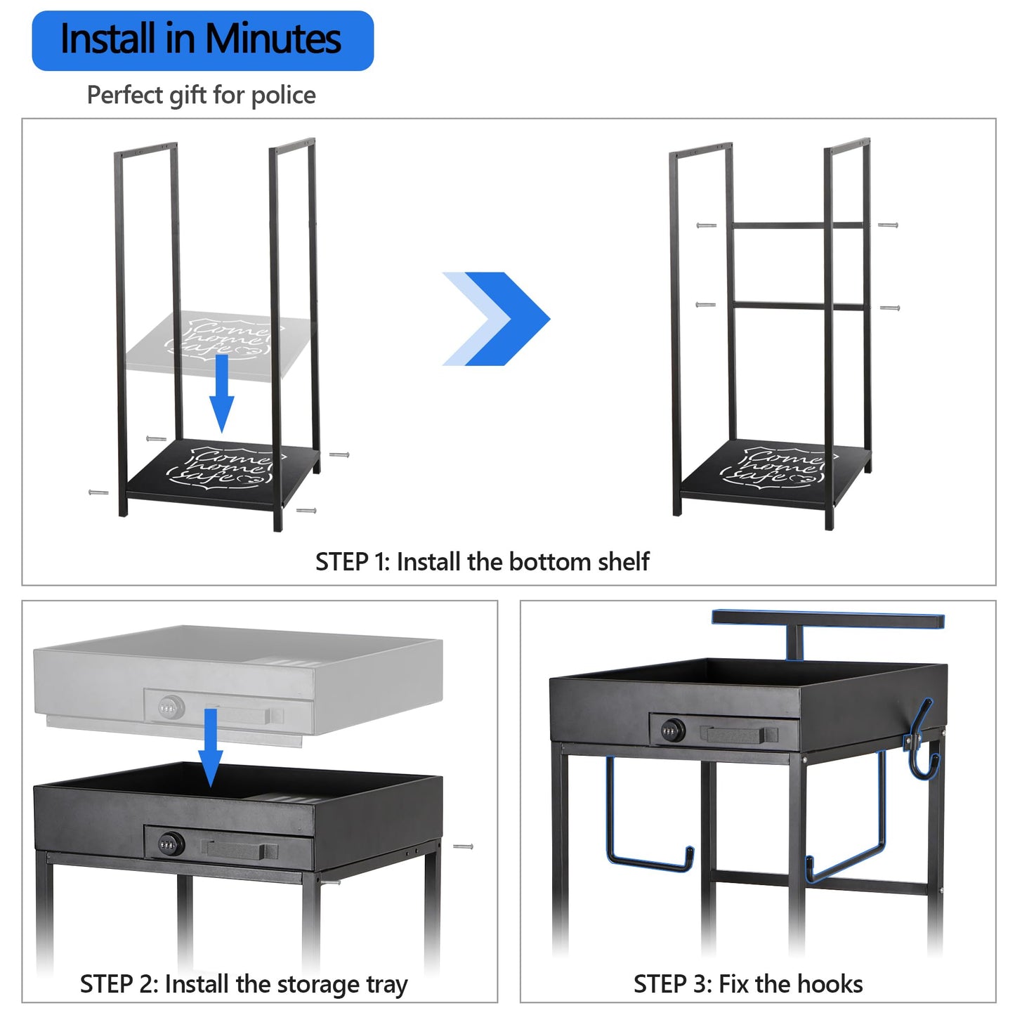 Police Gear Stand, Police Hanger, Tactical Duty Gear Rack with 3 Hooks, Combination Lock, Free-Standing All Iron Frame Police Gift Decor with Flag, Black, Come Home Safe