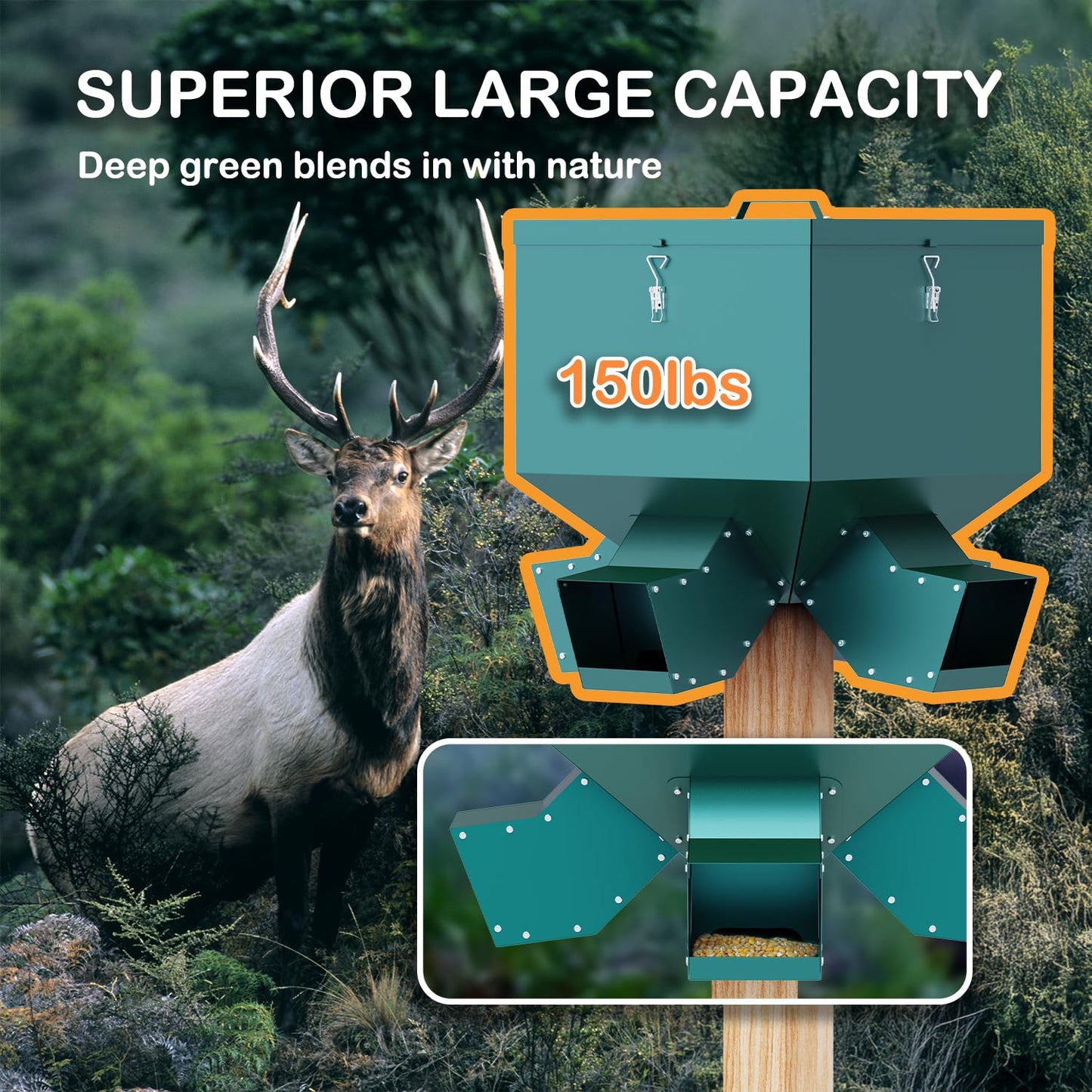 Gravity Feeder, 150lb Large Capacity Gravity-Fed Deer Feeder, Game Hunting Feeder, Deer and Wildlife Feeder, Protein 4 Feed Head, Green