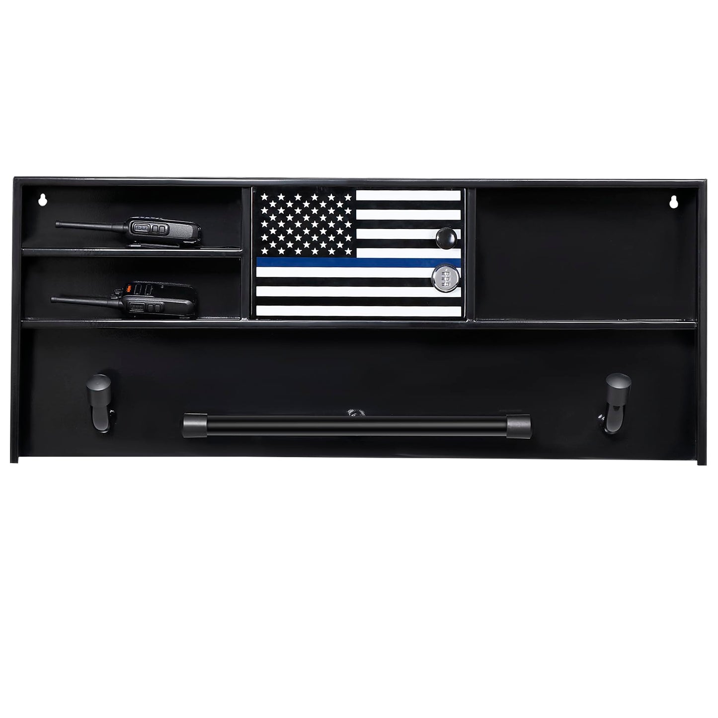 Police Gear Stand, Police Hanger, Tactical Duty Gear Rack with 3 Hooks, Combination Lock, Free-Standing All Iron Frame Police Gift Decor with Flag, Black, Come Home Safe