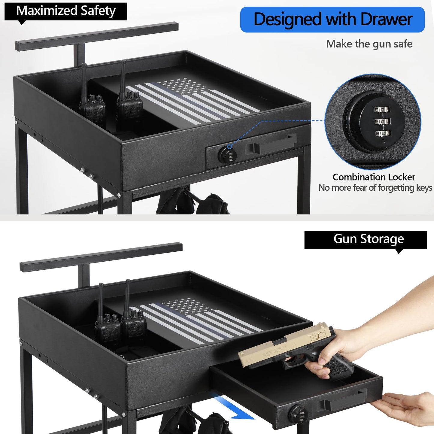 Police Gear Stand, Police Hanger, Tactical Duty Gear Rack with 3 Hooks, Combination Lock, Free-Standing All Iron Frame Police Gift Decor with Flag, Black, Come Home Safe