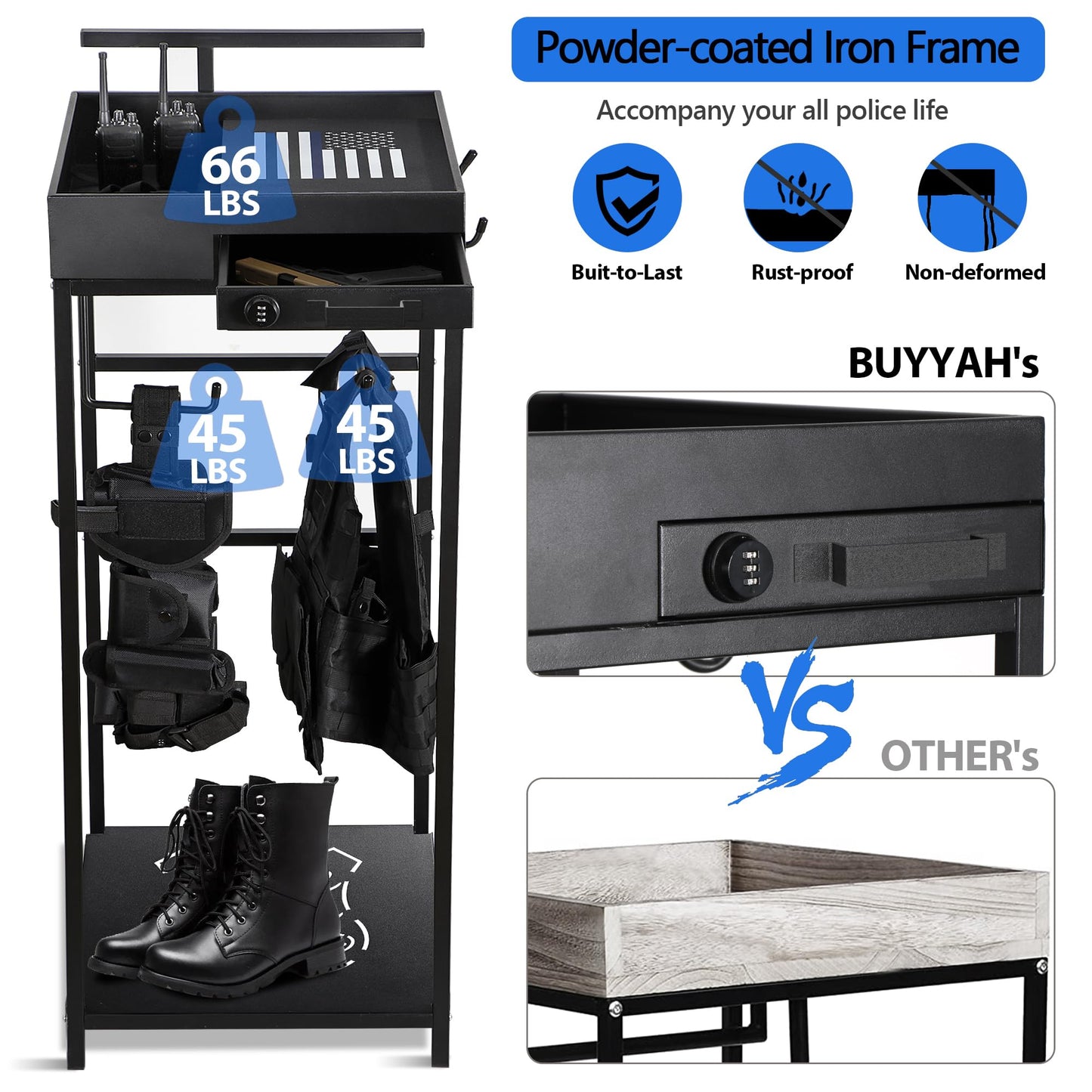 Police Gear Stand, Police Hanger, Tactical Duty Gear Rack with 3 Hooks, Combination Lock, Free-Standing All Iron Frame Police Gift Decor with Flag, Black, Come Home Safe