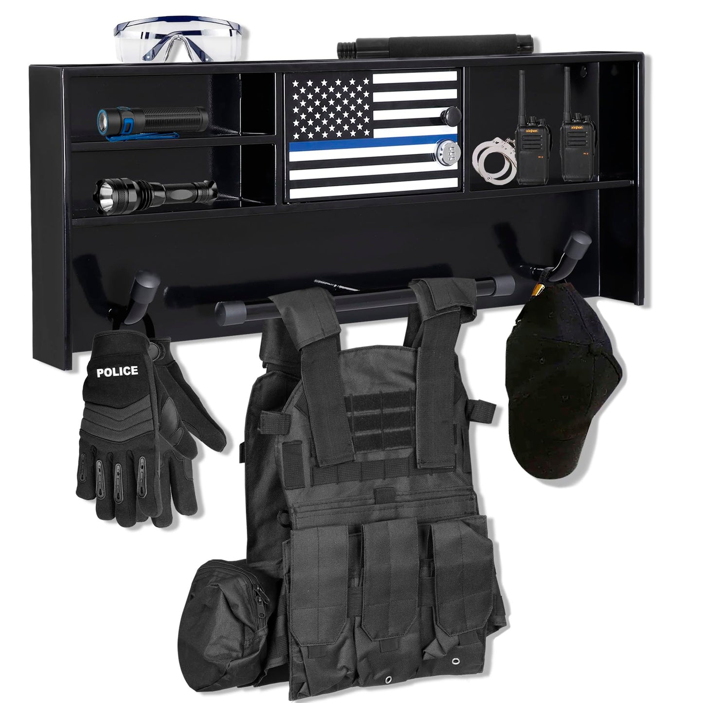 Police Gear Stand, Police Hanger, Tactical Duty Gear Rack with 3 Hooks, Combination Lock, Free-Standing All Iron Frame Police Gift Decor with Flag, Black, Come Home Safe